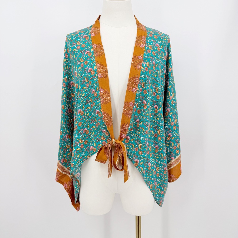 Do Everything In Love Kimono Teal Floral Paisley Tie Front Wrap OS Boho Festival
